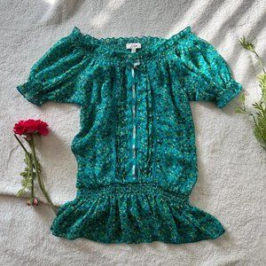 Turquoise Floral Blouse | Size M | Ruffle Blouse